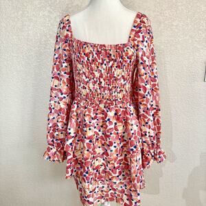 Anthor Jodifl Size Small Dress Pink Yellow Art Print Tiered Skirt Balloon Sleeve